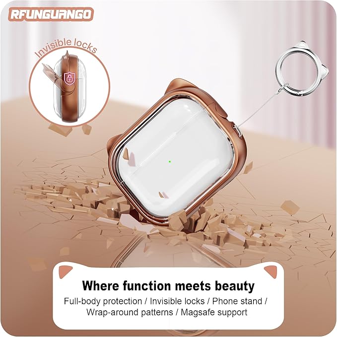 RFUNGUANGO AirPods Pro Case for Women Girly Cat Case with Lock, Phone Stand, Keychain & Cleaner Kit, Compatible with Apple Airpods Pro 2nd/1st Generation Case Cover, Transparent Gold