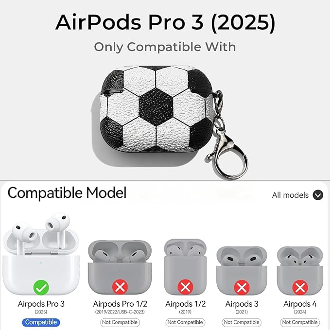 for Leather AirPods Pro 3 Case 2025 (A2700/A2931) - Sport Ball Shape, with Lock, Skin Accessory - Charging Case Cover for Men Women, Soccer