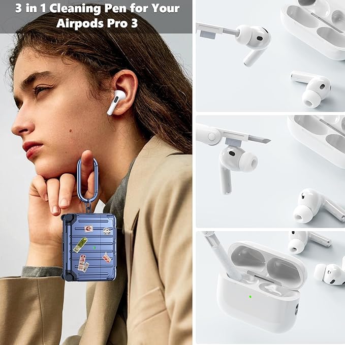 KOREDA Compatible with AirPods Pro 3 Case Cover, Cute Funny Suitcase Design Case for AirPods Pro 3rd Generation, Fashion Protective Hard Case for Women Men with Keychain and Cleaner Kit (Blue)