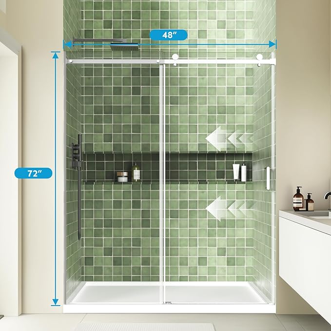 48" x 72" Frameless Sliding Shower Door, (1/4") Tempered Glass, Heavy-Duty 304 Stainless Steel Hardware, Adjustable 46-48" Width, Silent φ40 Rollers & 6" Handle, No-Leak F-Type/Bubble Seals