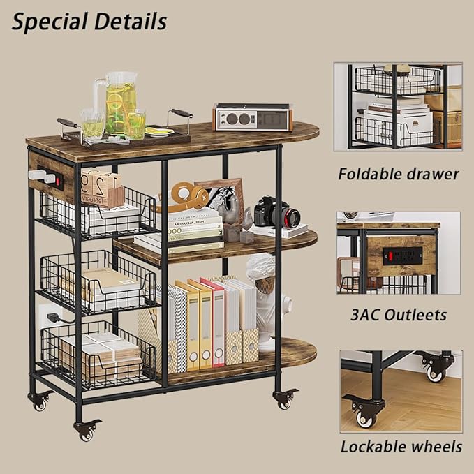 LINZINAR Kitchen Bakers Rack with Power Outlet Coffee Bar Table 3 Tiers Microwave Oven Stand with Wheels Pull-Out Wire Basket Kitchen Storage Shelf Rack for Spices Pots and Pans (Black, 3Tier)