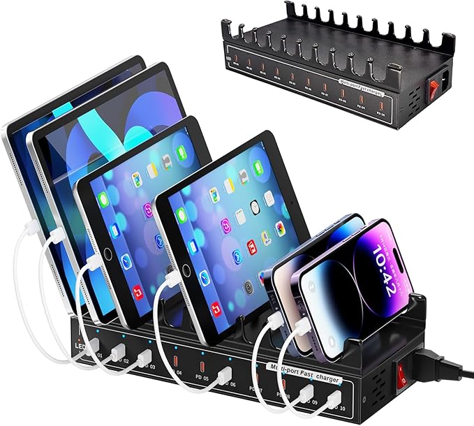 200W USB C Charging Station,Charger with 10 PD Ports, Stations for MacBook, iPhone, Android Cell Phone, iPad, Tablet, Family Multi-Device Organizer Charging Dock