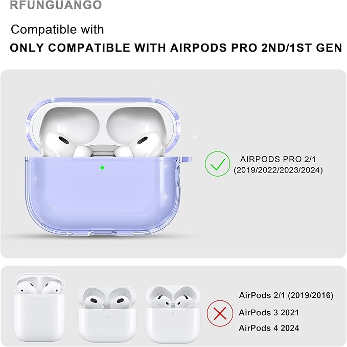 RFUNGUANGO AirPods Pro Case Clear, Soft TPU Transparent with Cleaning Kit & Keychain, Compatible with Magsafe, Compatible Apple AirPods Pro 2nd/1st Generation Protective Case, Purple