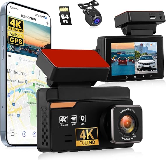 4K Dash Cam Front and Rear with Free 64G Card, GPS, ADAS,WiFi & App Control