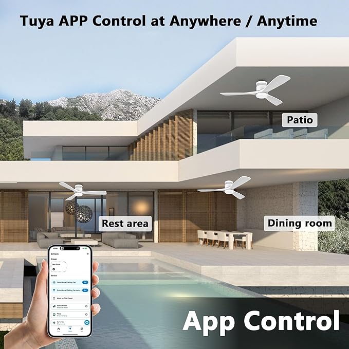 52 Inch Smart Low Profile Ceiling Fans,Solid Wood Outdoor Indoor Ceiling Fan with Lights Remote,WIFI Alexa App Control,Quiet DC Motor,Dimmable LED,Modern Flush Mount Fan for Bedroom Patio,White