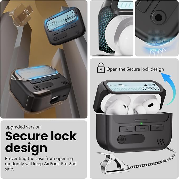 (with Safety Lock) Pager Cases Compatible with AirPods Pro 2nd Generation Case Cover with Cleaner Kit,Sturdy Hard TPU Protective for AirPods Pro 2 Charging Case(USB-C)(2023/2022/2019) for Men-Black