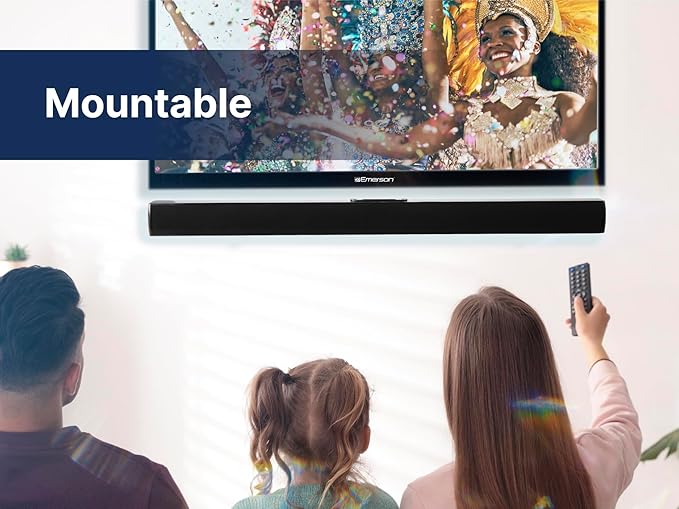 Emerson EHS-2000 32-Inch Bluetooth Soundbar, 2.0 Channel Home Theater Speaker System with Remote Control, USB/AUX Inputs, FM Radio, Compact, Wall Mountable Design