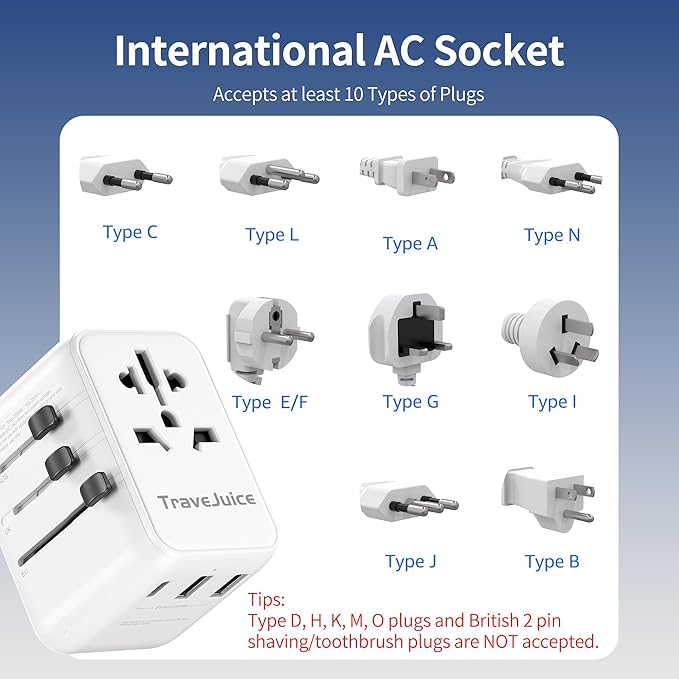 Universal Travel Adapter, TraveJuice International Plug Adapter with USB-C & 2 USB-A Outlet Wall Charger, US to UK, AU, European Travel Plug Adapter, All in One Worldwide Adapter Travel Essentials