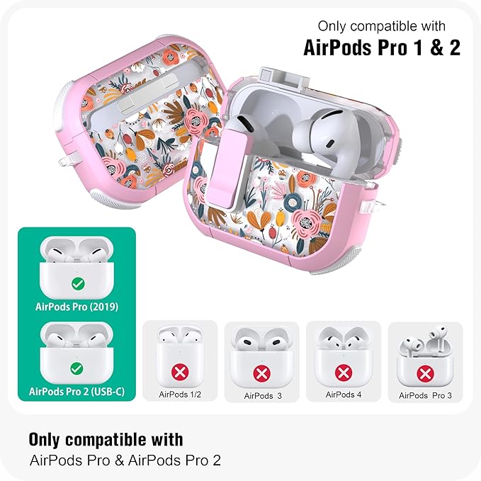 WENEW Case for AirPods Pro & Pro 2 Case Cover Secure Lock Automatic Snap Switch Clip Cleaner Kit Lanyard Women Stylish Flower Full Body Hard Shell Front LED Visible (Pink Flower, AirPods Pro & Pro 2)