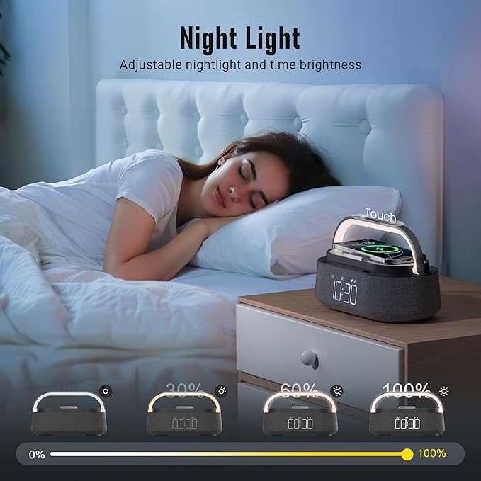 FREEFISH Bluetooth Speaker with Fast Wireless Charger,FM Radio,Touch LED Night Light,Phone Holder,Snooze,Portable Wireless Speaker for Bedrooms Office Home,Gifts (Black)