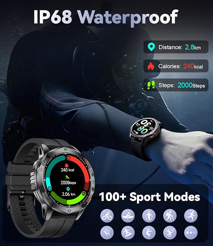 LIGE DM1 GPS Military Smart Watch for Men (Answer/Make Calls), 100+ Sports Modes Fitness Tracker, LED Flashlight/Compass/45 Days Battery/IP68 Waterproof 1.43'' AMOLED Smartwatch for Android iOS
