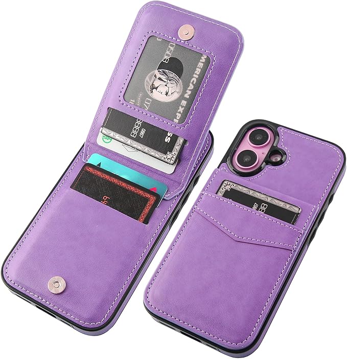 KIHUWEY Compatible with iPhone 16 Case Wallet with Credit Card Holder, Flip Premium Leather Magnetic Clasp Kickstand Heavy Duty Protective Cover for iPhone 16 6.1 Inch (Purple)