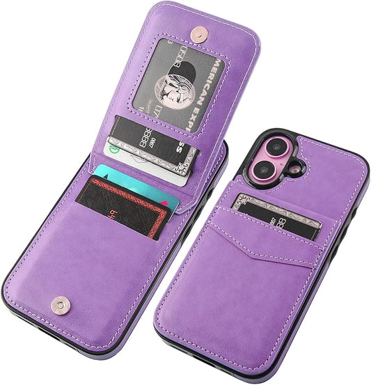 KIHUWEY Compatible with iPhone 16 Case Wallet with Credit Card Holder, Flip Premium Leather Magnetic Clasp Kickstand Heavy Duty Protective Cover for iPhone 16 6.1 Inch (Purple)