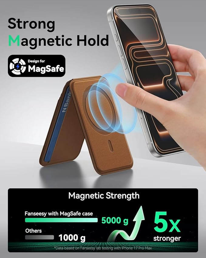 for MagSafe Wallet with Stand, 5 Card Holder, Slim Leather Magnetic Wallet for iPhone 17/16/15/14/13/12 Pro Max Plus Air Series, 3 Card Slots & 1 Cash Slot,Coffee