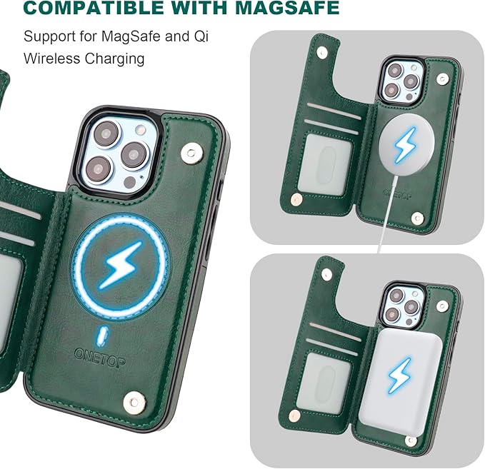 ONETOP Compatible with Magsafe for iPhone 13 Pro Wallet Case with Card Holder, PU Leather Kickstand RFID Blocking Case, Double Magnetic Clasp and Durable Shockproof Cover 6.1 Inch (Green)