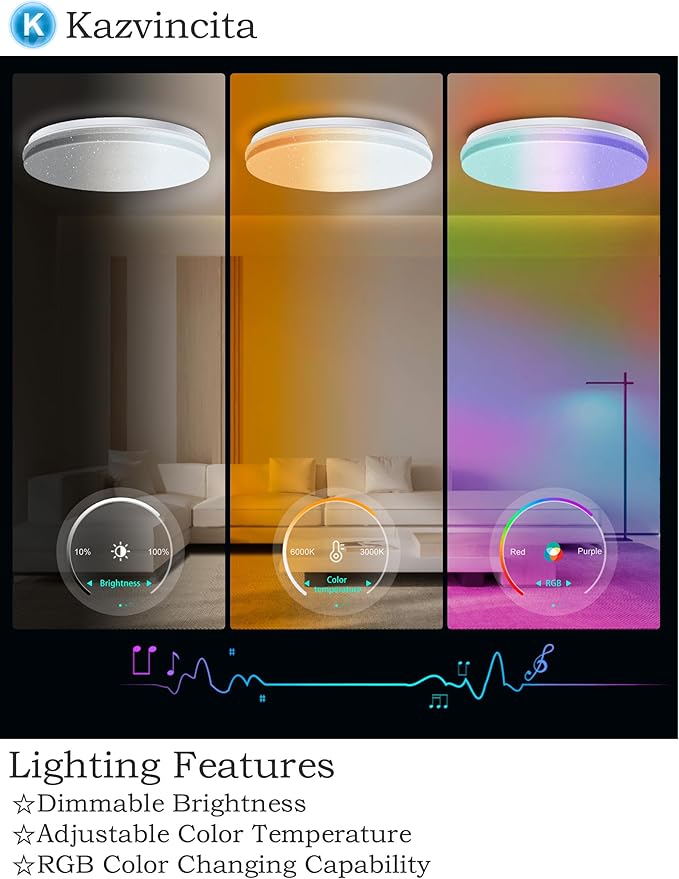 BT-Version LED Ceiling Light with Speaker 40W 12Inch Music Ceiling Lamp with Remote Control Adjustable Brightness & Color Temperature RGB Ambient Lighting for Kids Room Bedroom and More