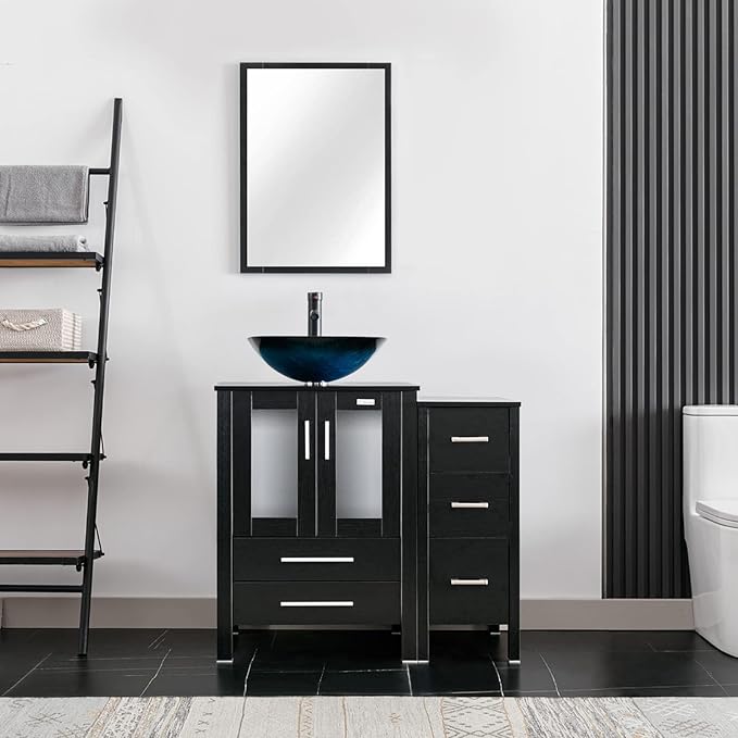 eclife 36" Modern Bathroom Vanity Sink Combo Freestanding Cabinet with Small Side Cabinet, Turquoise Square Glass Vessel Sink, Water Save Faucet, Drain (Black+A10)
