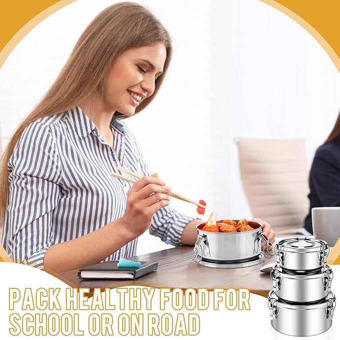 3 Pcs Stainless Steel Bento Box with Lockable Clips to Leak Proof Food Storage Containers Metal Lunch Container, Reusable Dishwasher Safe Lunch Snack Boxes(13 Oz, 22 Oz, 36 Oz)