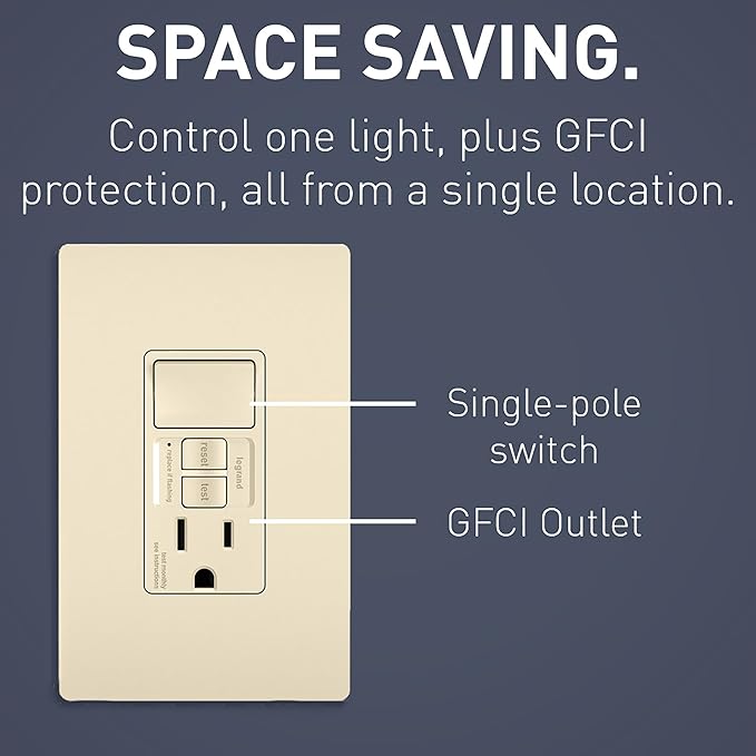 Legrand radiant 1597SWTTRLACCD4 15 Amp Combination GFCI Self Test Tamper-Resistant Decorator Outlet with Single Pole Light Switch, Light Almond (1 Count)