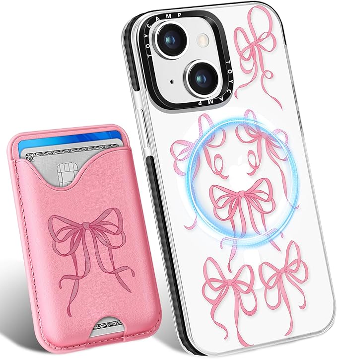 Toycamp for iPhone 14 Case, for iPhone 13 Case - Compatible with Magsafe Credit Card Holder Wallet Magnetic Cute Women Teen Girls Kawaii Girly Unique Bow Design Phone Cover for iPhone 14/13