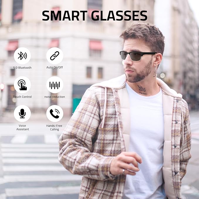 Smart Glasses Bluetooth - IP5 Waterproof Audio Sunglasses for Women and Men, Open Ear Sound Built-in Mic & Speakers, Polarized Sunglasses Lenses Smart Devices Voice Assistant (Silver)