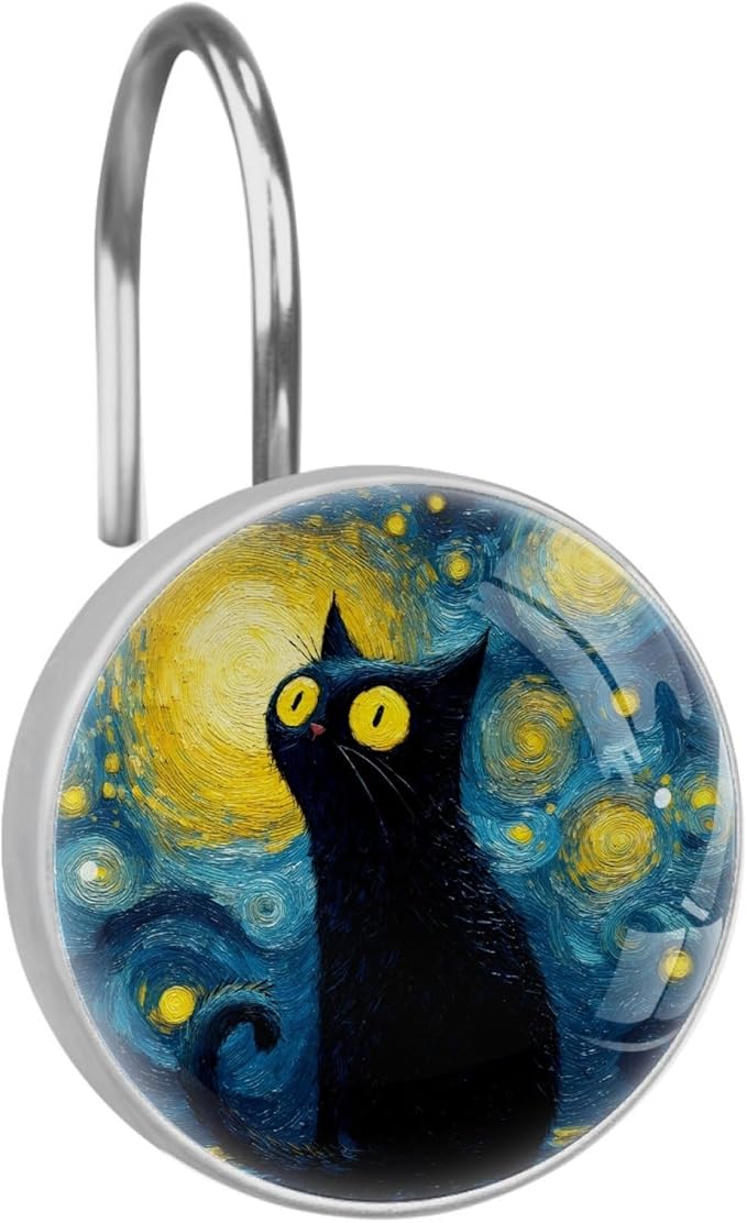 12 Packs Abstract Starry Sky Cat Shower Curtain Hooks, Stainless Steel Glass Shower Curtain Rings for Bathroom Decor, Metal Rustproof Curtain Rod Hooks