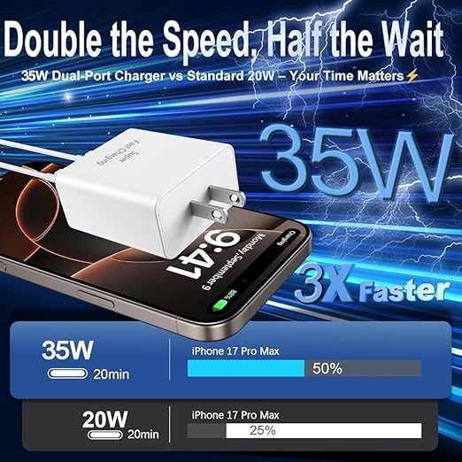 iPhone 17 Pro Max Charger Fast Charging,2-Pack 35W Dual Port USB C Fast Charger Block, 3.0 PD Quick Adapter &【Apple MFi Certified】 Extra Long 10FT 60W USB C to C Cable for iPhone 17/17 Pro/Air/16E/15