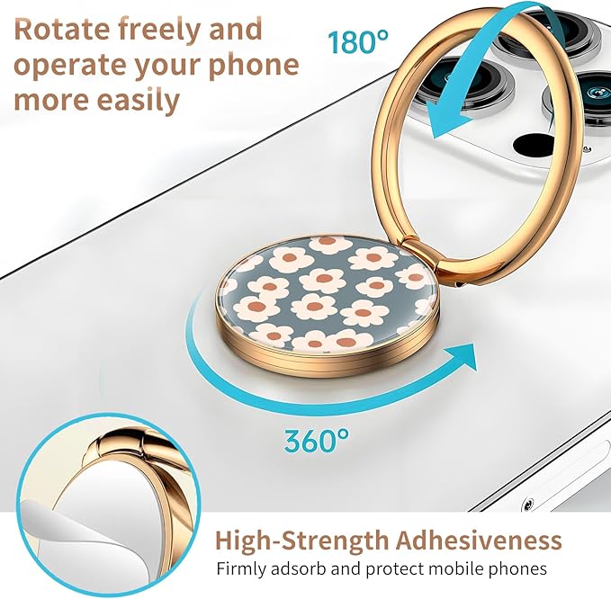 Cell Phone Ring Holder, Cute Metal Phone Grip Stand Finger Ring Kickstand, Flexible 360°Rotation Phone Tablet Case Accessories Compatible with Most Phones Grey Small Flowers