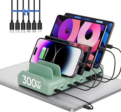 300W Charging Station for Multiple Devices, 8 Port Multi USB C Fast Charger Station Dock for MacBook iPhone 16/15/14/13/12 Samsung Pixel Series iPad, Green (6 Mixed Short Cables Included) - Image 4