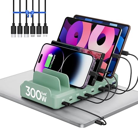 300W Charging Station for Multiple Devices, 8 Port Multi USB C Fast Charger Station Dock for MacBook iPhone 16/15/14/13/12 Samsung Pixel Series iPad, Green (6 Mixed Short Cables Included) - Image 5