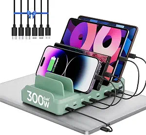 300W Charging Station for Multiple Devices, 8 Port Multi USB C Fast Charger Station Dock for MacBook iPhone 16/15/14/13/12 Samsung Pixel Series iPad, Green (6 Mixed Short Cables Included) - Image 1