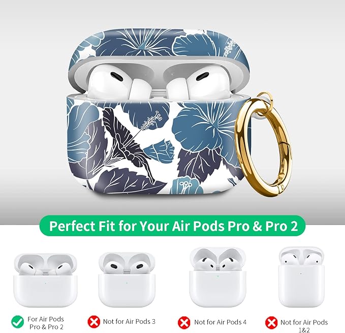 Compatible with Airpod pro 2nd/1st Generation Case Cover with Gold Round Keychain Cute Pattern Hard & Anti Slip Cover for Men Women & Girls（Lotus Leaf）