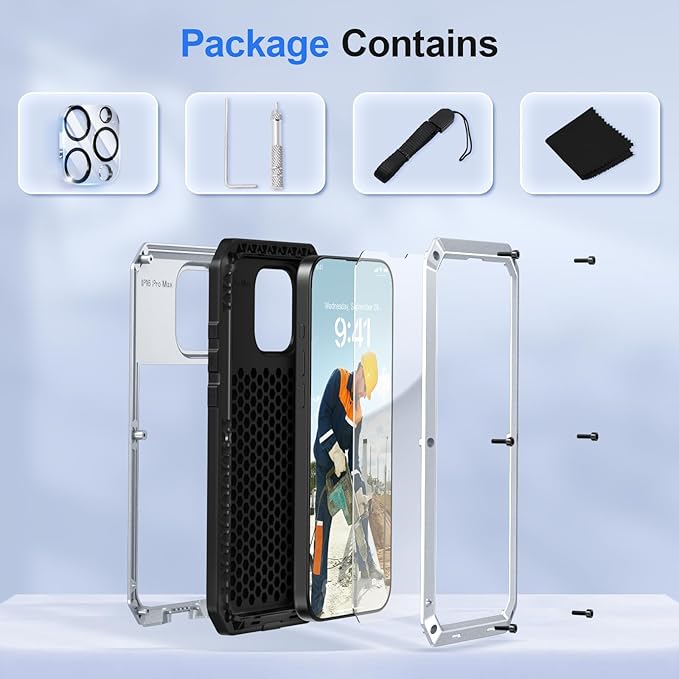 Mitywah Metal Case for iPhone 16 Pro Max, Rugged Phone Case with 9H Screen Protector Military Grade Full Body Protection Heavy Duty Dual Layer Screw Bumper Protective Case for 16 Pro Max Silver