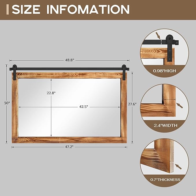 COGOOD Farmhouse Bathroom Mirror - 49 x 30 Rustic Wood Framed Wall Barn Door Mirror for Entryway, Living Room, Entryway Wall Decor (Brown)
