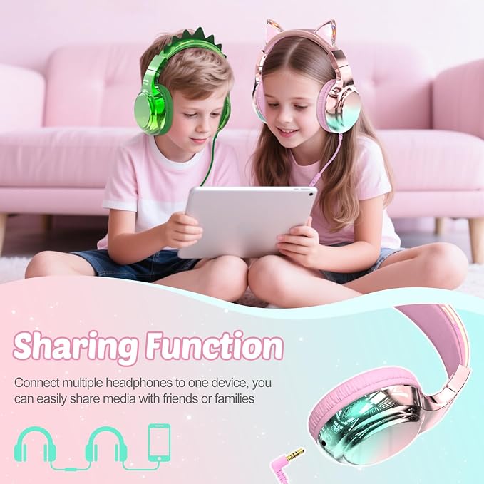 QearFun Kids Cat Ear Headphones with USB C for Girls with Microphone, 85/94dB Safe Volume Limiter, Tangle-Free Cord, Share Port, Foldable Sparkly Wired Headset for School, Travel, Tablet, iPad
