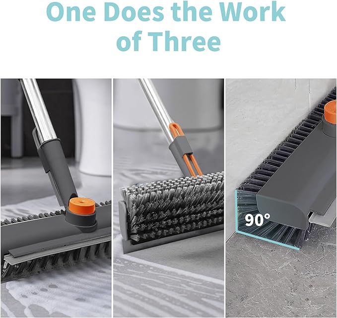 Floor Scrub Brush with Long Handle, 3 in 1 Scrape and Heavy-Duty Stiff Bristle Scrubber Brush for Cleaning Shower Bathroom, Patio, Garage, Kitchen, Wall and Deck (Gray, 1 Pack)