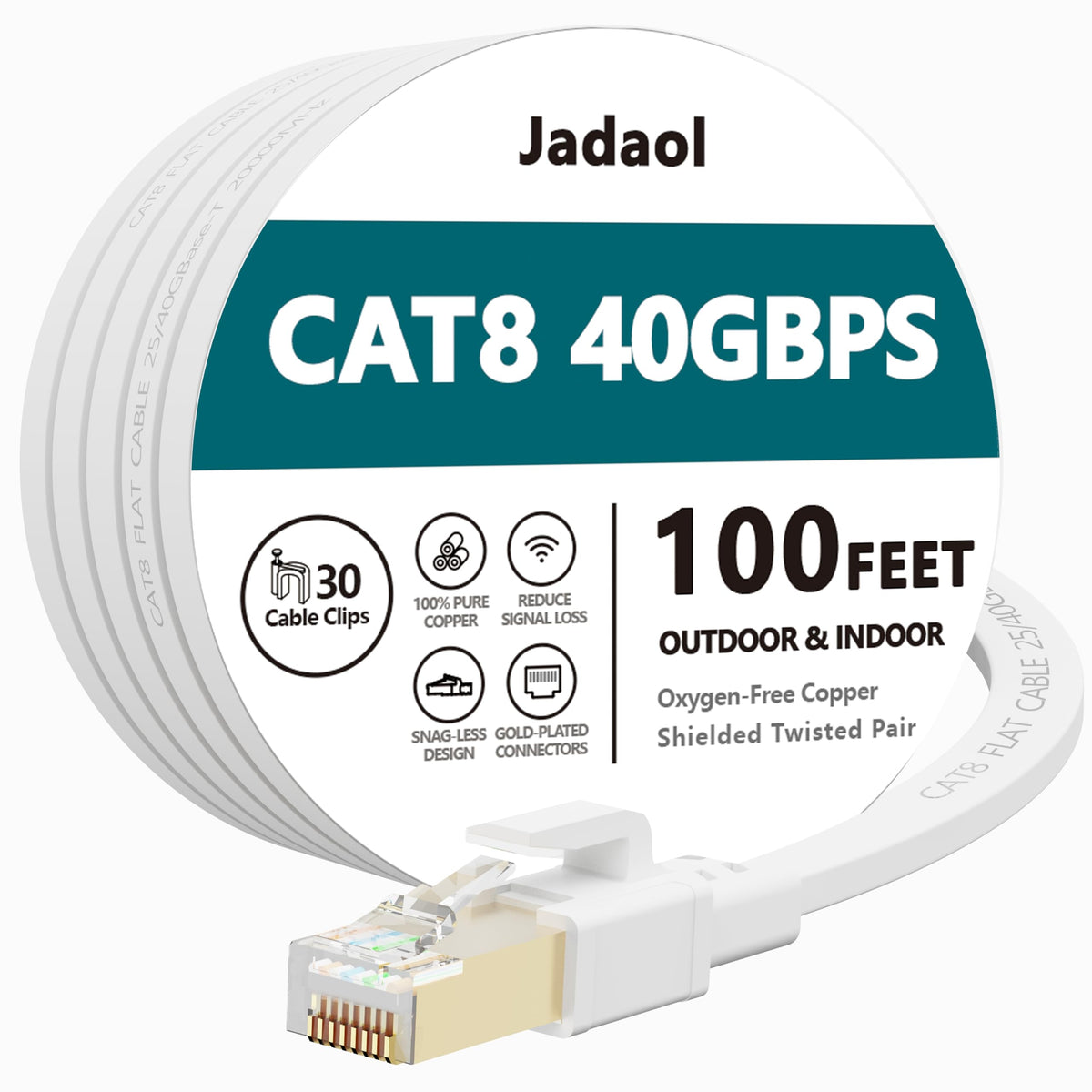 Jadaol Cat8 Ethernet Cable 100ft 40Gbps 2000MHz Flat S/FTP LAN Cable White