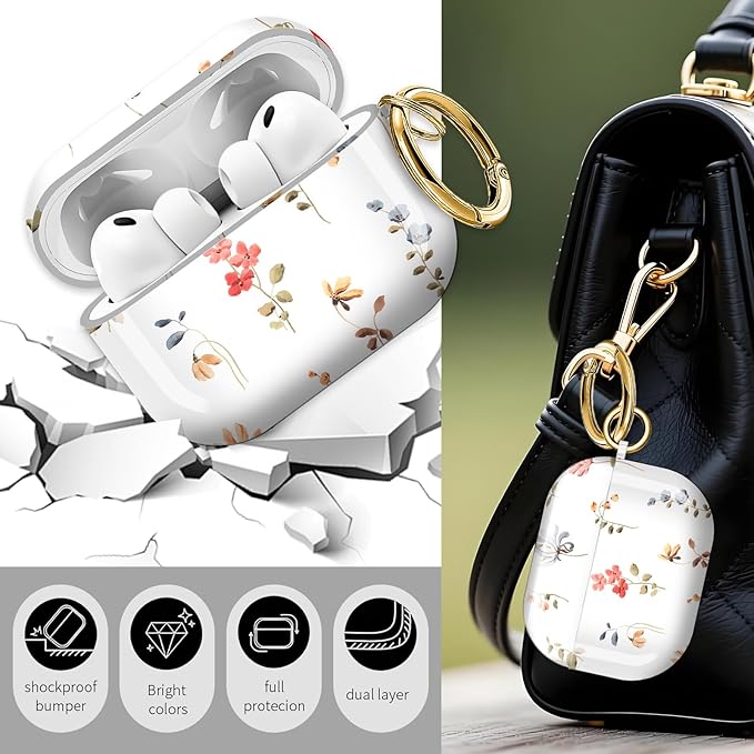 Cute Hard Case Compatible with AirPods Pro 3rd Generation Case (2025), Shockproof Protective Cover with Golden Keychain Ring Clip (Abstract Wildflowers and Plants)