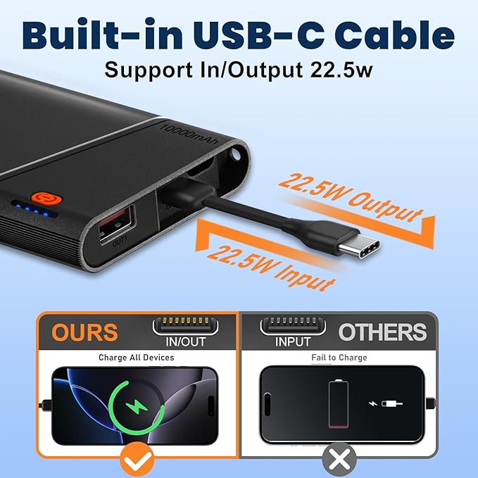 Portable Charger Power Bank, 10000mAh 22.5W PD Fast Charging Powerbank with Built-in USB C Cable, Slim External Phone Battery Pack for iPhone 17/16/15 Samsung S24 Android etc (Black)