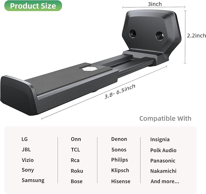 ELETIUO Soundbar Wall Mount Bracket,Depth Adjustable 3.8-6.5 inch,Universal Sound Bar Mount Under TV for Samsung, Sony, LG, Vizio, Bose, JBL, Sonos, Holds up to 50 lbs,Black