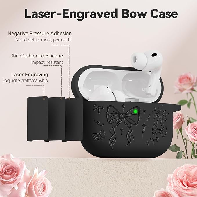 for Airpods Pro 3 Case Cover, Joremx Cute Bow Engraved Silicone Protective Case Cover with Keychain, Cleaner Kit for Airpods Pro 3rd Generation (2025) (Black)