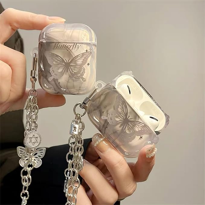 Compatible with AirPod Pro Case Soft with Cleaner Kit Keychain Elegant Butterfly Cover for Girls Women Airpods Pro 2nd/1st Generation-Gray