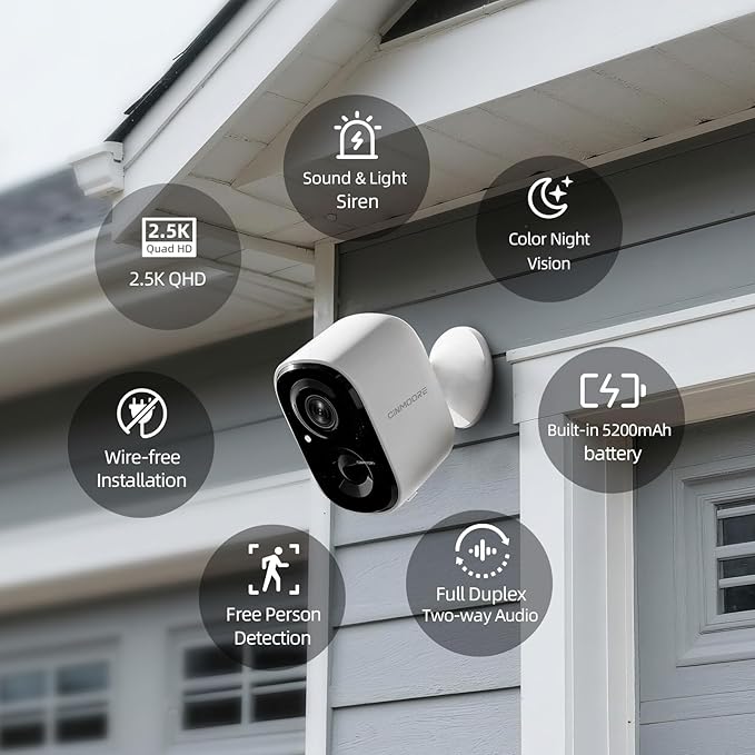 2.5K Wireless Home Security Cameras Outdoor WiFi, Non-Subscription AI Person Detection, 4MP Color Night Vision, Full Duplex 2-Way Audio, IP66 Waterproof Battery Powered, U.S. AWS Cloud