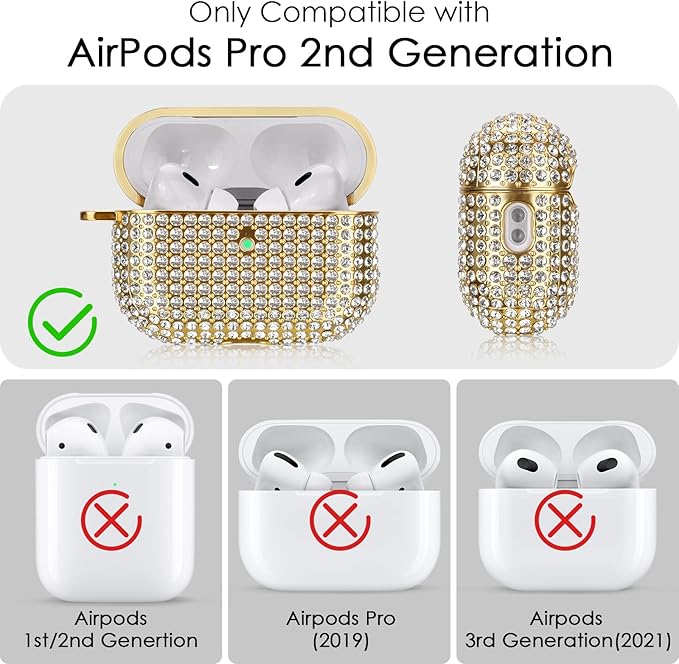 Case for AirPods Pro 2nd Generation, Filoto Cute AirPod Pro 2 Protective Case Cover for Women Girls, Bling Crystal PC Apple Air Pods Pro Cases Accessories with Lobster Clasp Keychain, Gold