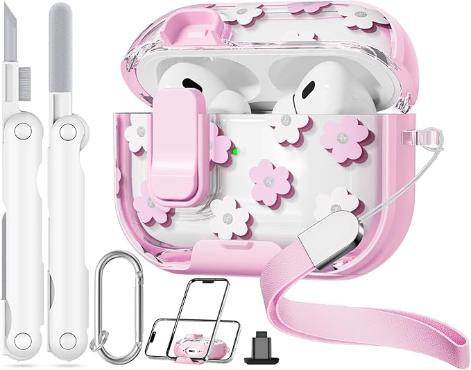 with Safety Lock for Apple AirPods 2 Case,Clear Floral Cute AirPod Pro 2nd Generation Case with Phone Stand & Cleaning Kit for Women Girly-Pink Flower