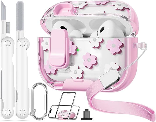 with Safety Lock for Apple AirPods 2 Case,Clear Floral Cute AirPod Pro 2nd Generation Case with Phone Stand & Cleaning Kit for Women Girly-Pink Flower