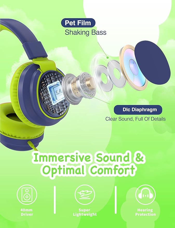 MIDOLA Volume Limited 85/110dB Kids Headphone Over-Ear/On-Ear Foldable Sound Noise Protection Headset with Inline AUX 3.5mm Cord w/Mic for Child School Cellphone Pad PC Notebook DeepBlueSky