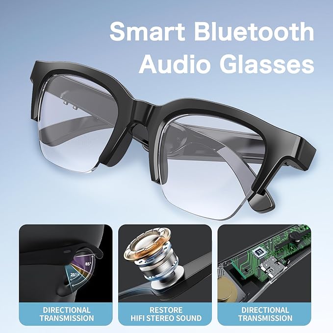 Smart Audio Glasses Open Ear Bluetooth Glasses Wireless Music and Calls Type C Fast Charging Physical Button Control Ultra Lightweight Unisex (White)