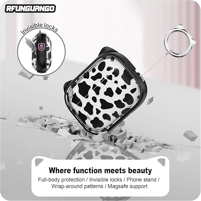 RFUNGUANGO AirPods Pro Case for Women Girly Cat Case with Lock, Phone Stand, Keychain & Cleaner Kit, Compatible with Apple Airpods Pro 2nd/1st Generation Case Cover, Transparent Leopard Print