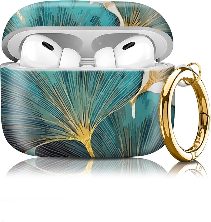 Compatible with Airpod pro 2nd/1st Generation Case Cover with Gold Round Keychain Cute Pattern Hard & Anti Slip Cover for Men Women & Girls（Green Lotus Leaf）
